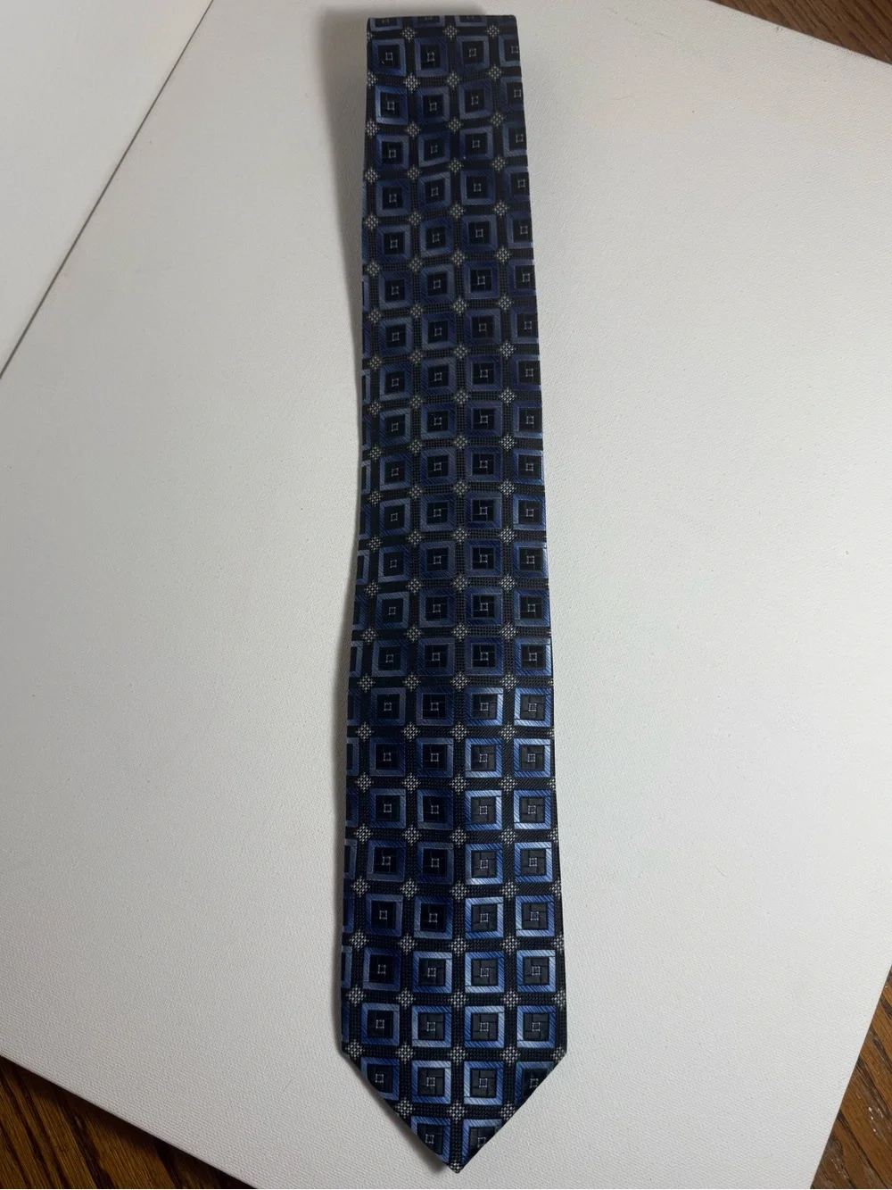 Vintage Handmade Pierre Cardin Square Pattern Tie 100% Polyester Blue EUC